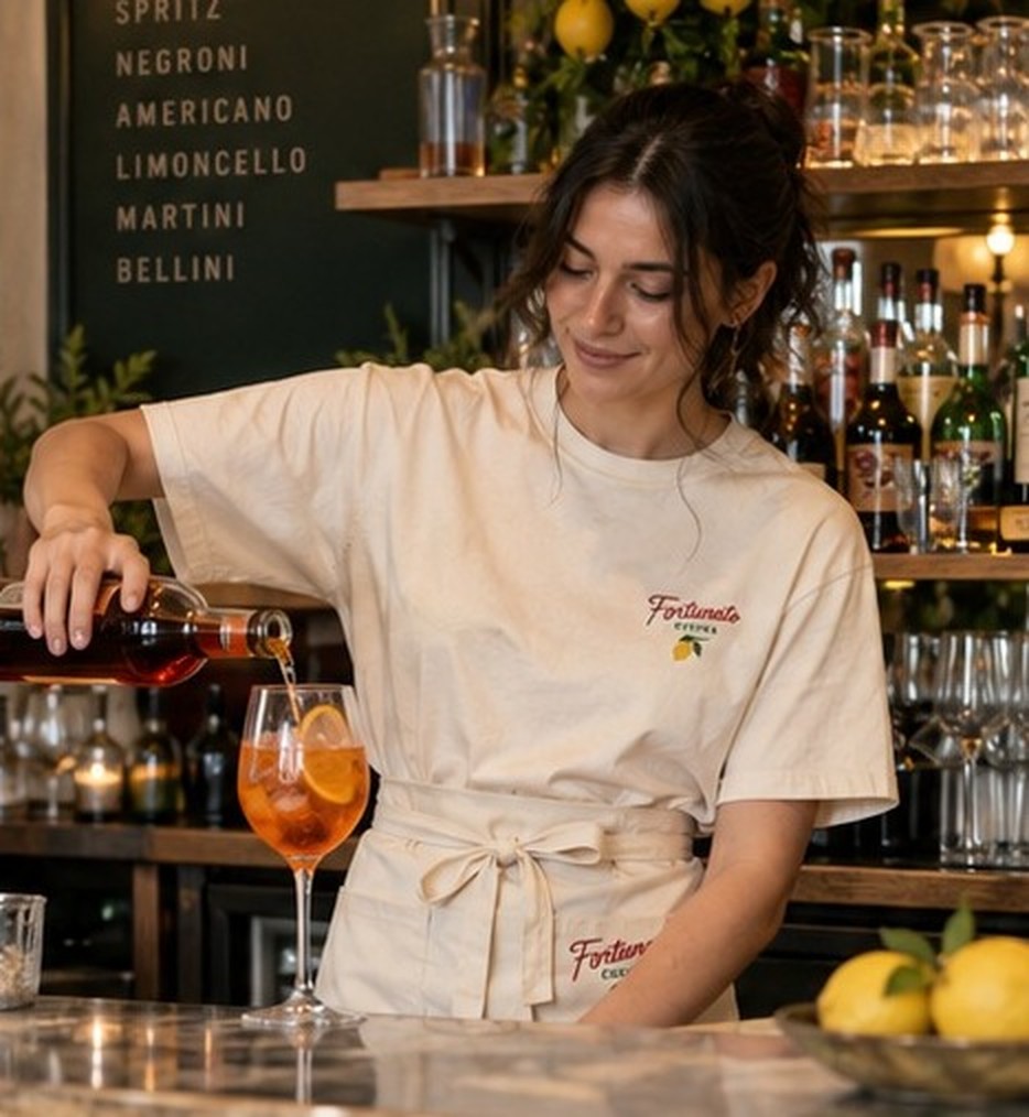 A bartender in a cream Fortunato Cucina tee pouring an Aperol spritz at the marble bar