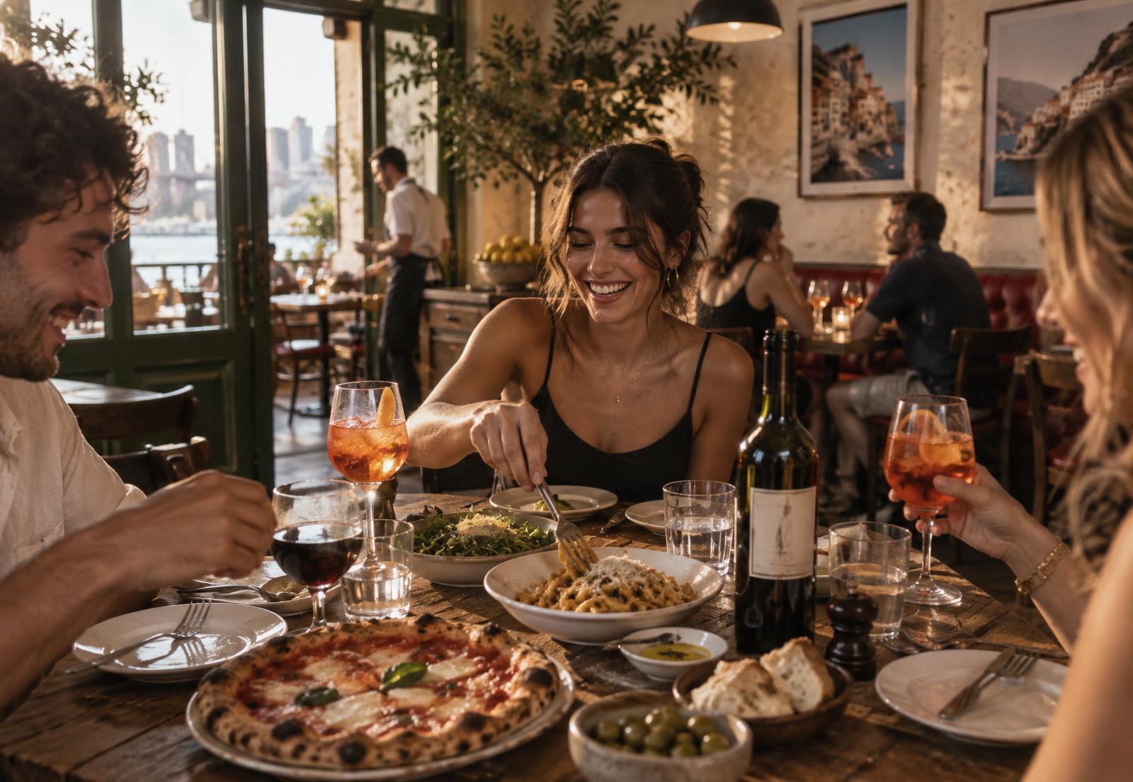 Friends sharing Neapolitan pizza, pasta, wine and spritzes at a timber table in the Fortunato Cucina dining room