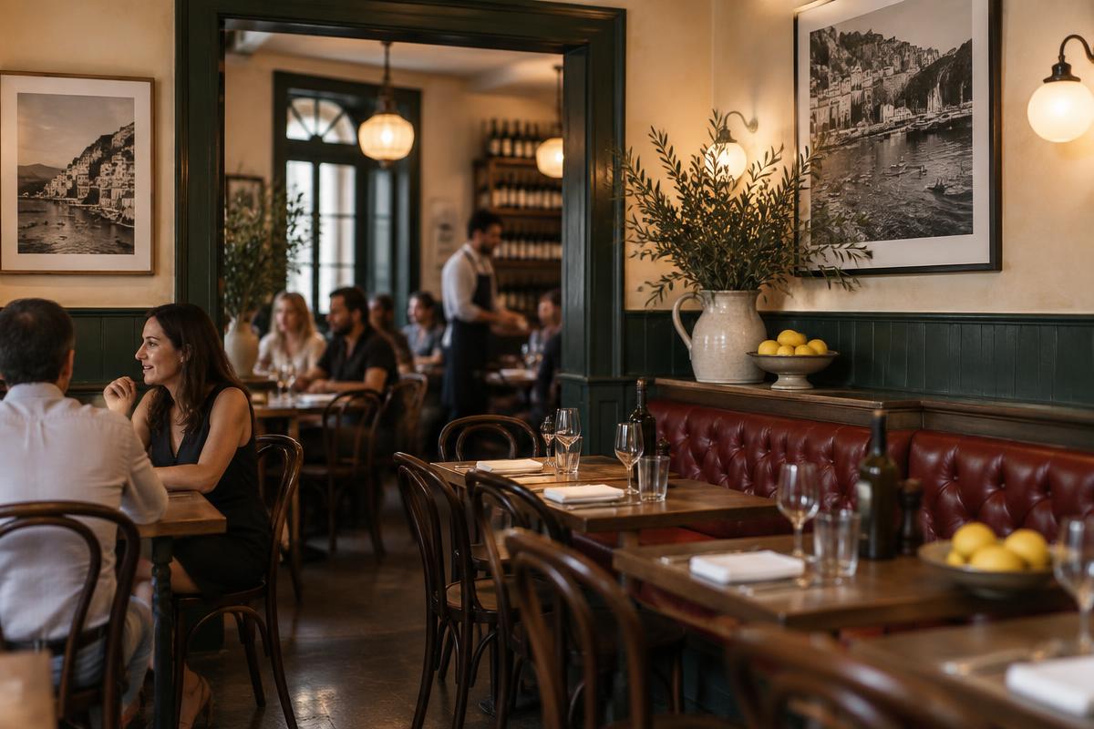 The warm, colourful dining room at Fortunato Cucina