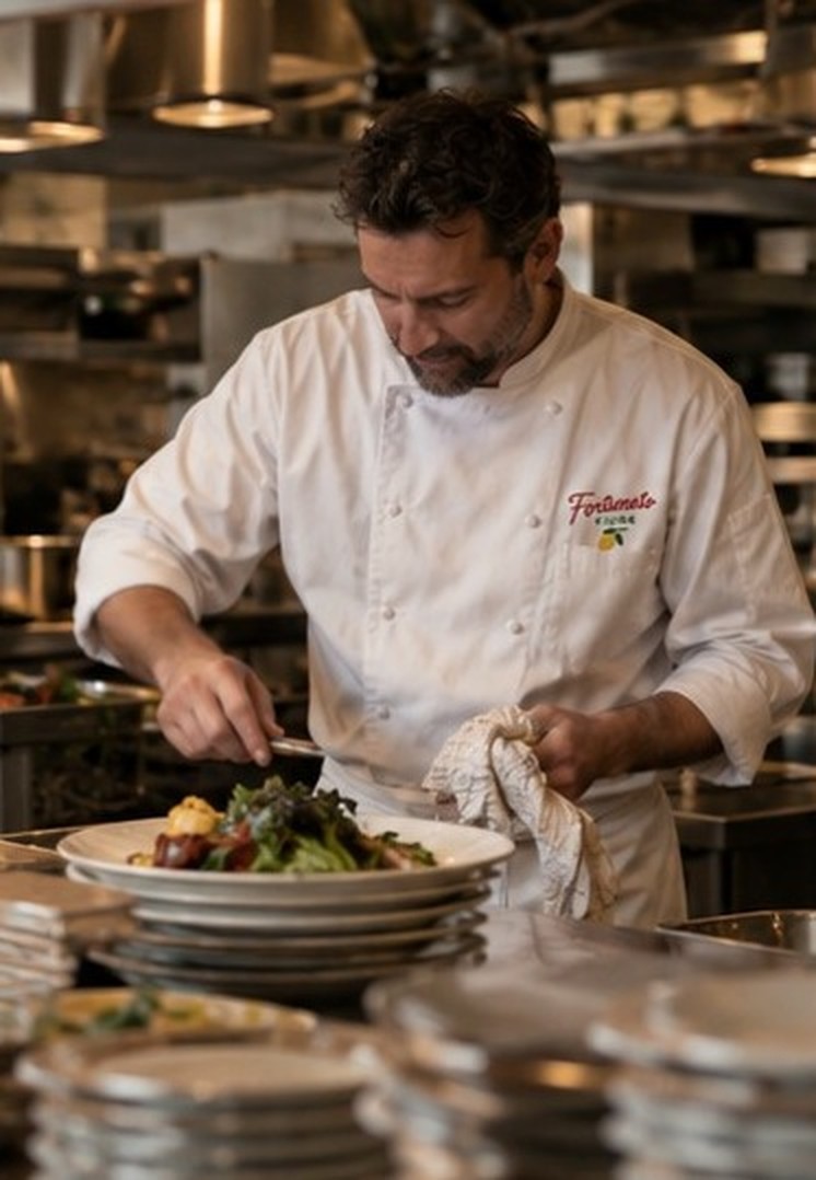 A chef in a white Fortunato Cucina jacket plating a dish on the pass