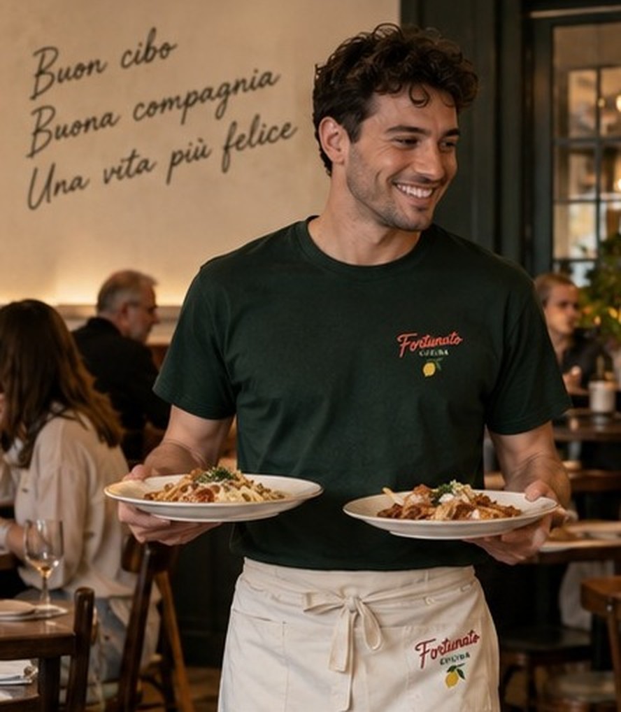A server in a green Fortunato Cucina tee carrying two plates of pasta