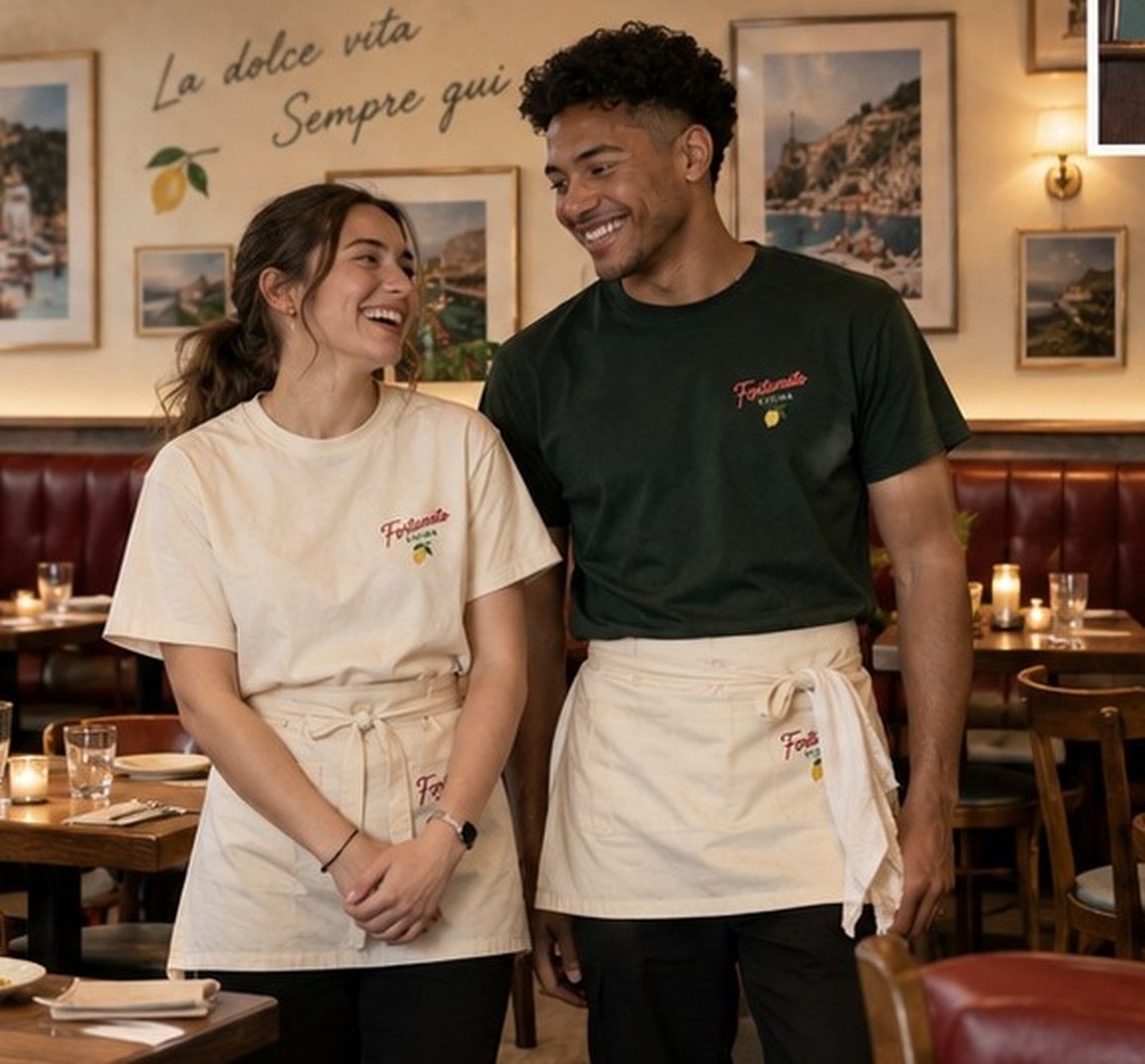 Two Fortunato Cucina staff in green and cream branded tees and aprons laughing in the dining room